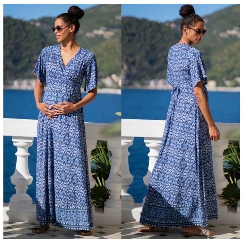 NWT‎ Seraphine Lulah Blue Wrap Front Maternity Nursing Maxi Dress Size XS